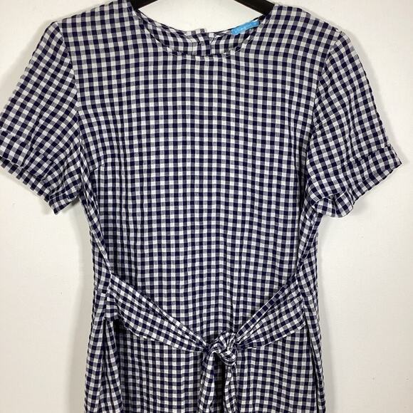 J McLaughlin Sadie Tie Waist Gingham Navy Linen Cotton Dress 12 Knee Length - Picture 7 of 7